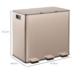 HOMCOM 3 x 15L Triple Kitchen Trash Can, Foot Pedal, Ideal for Recycling and Waste Sorting, Gold